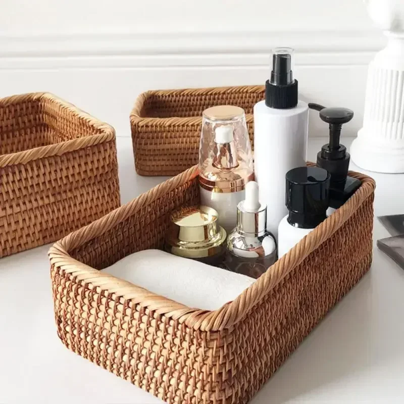 Handwoven Rectangular Rattan Wicker Basket Fruit Tea Snack Bread Picnic Cosmetic Storage