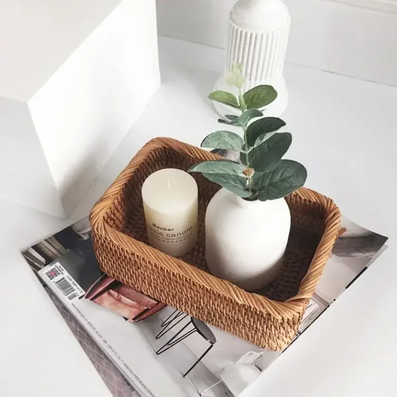 Handwoven Rectangular Rattan Wicker Basket Fruit Tea Snack Bread Picnic Cosmetic Storage - Image 5