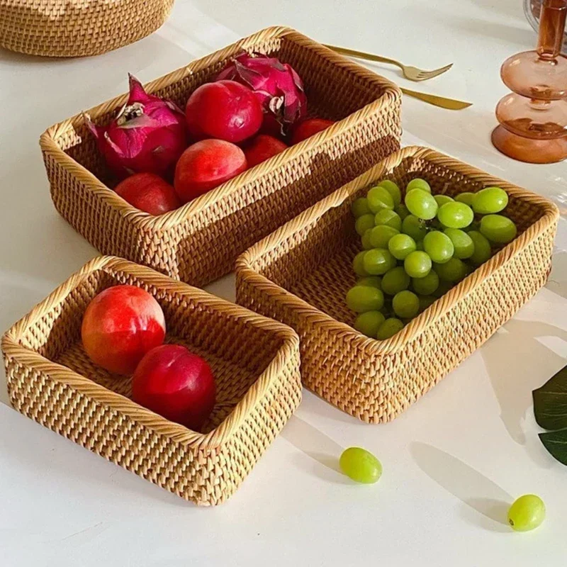 Handwoven Rectangular Rattan Wicker Basket Fruit Tea Snack Bread Picnic Cosmetic Storage - Image 2